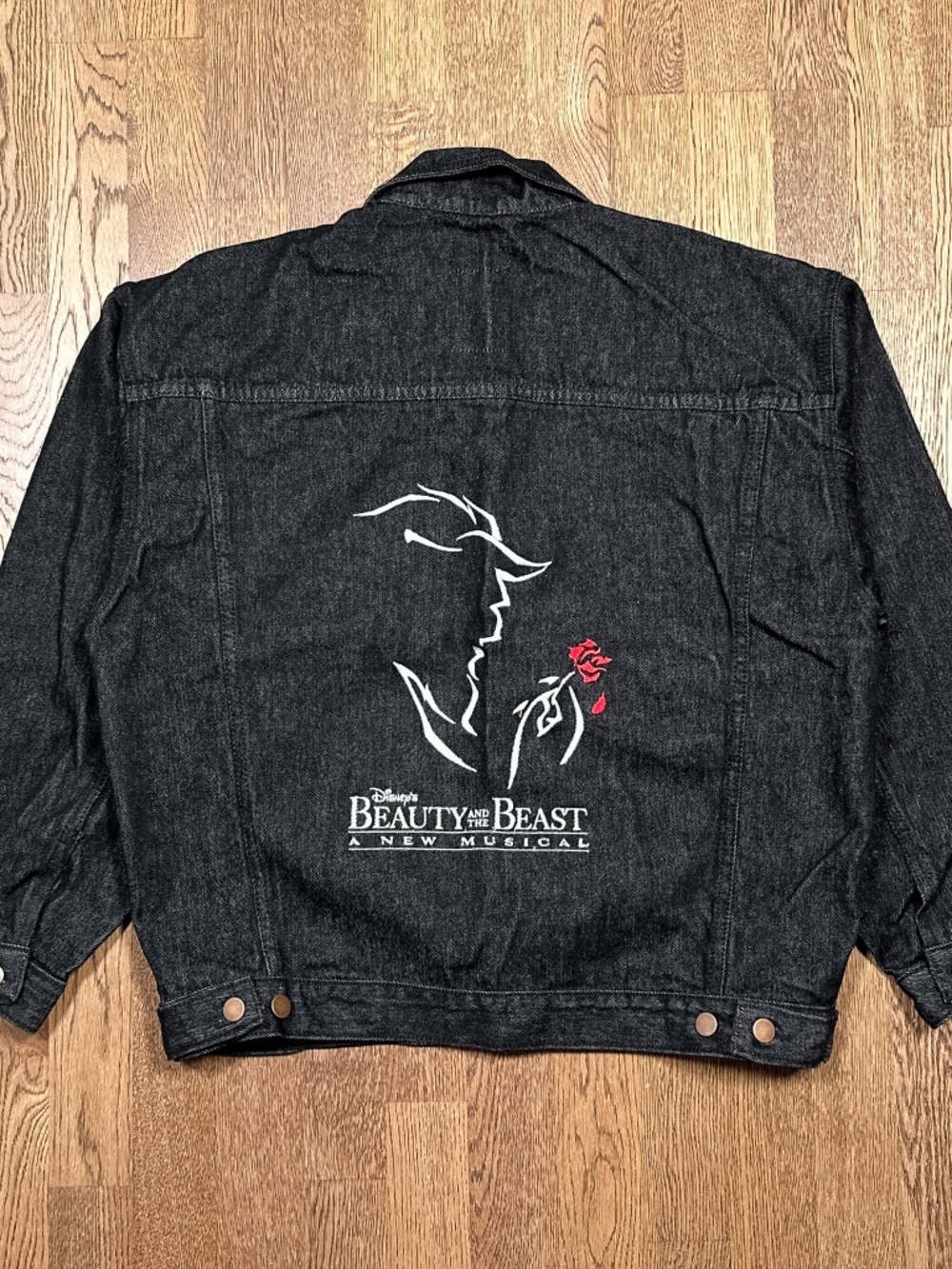 Vintage 90s Beauty & the Beast Musical Embroidered Logo Denim Jacket Mens M